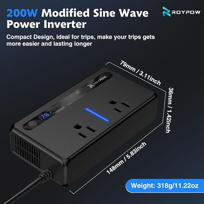 RoyPow 200W Car Power Inverter, DC 12V to 110V AC Power Inverter - Image 9