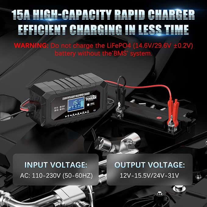 YONHAN 15-Amp Battery Charger LiFePO4 Trickle Car Battery Charger 12V 24V - Image 3