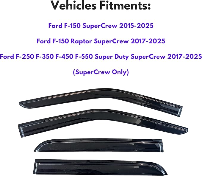 KPY Window Visor Rain Guard for 2015-2025 Ford F150 SuperCrew, Tape-On - Image 2