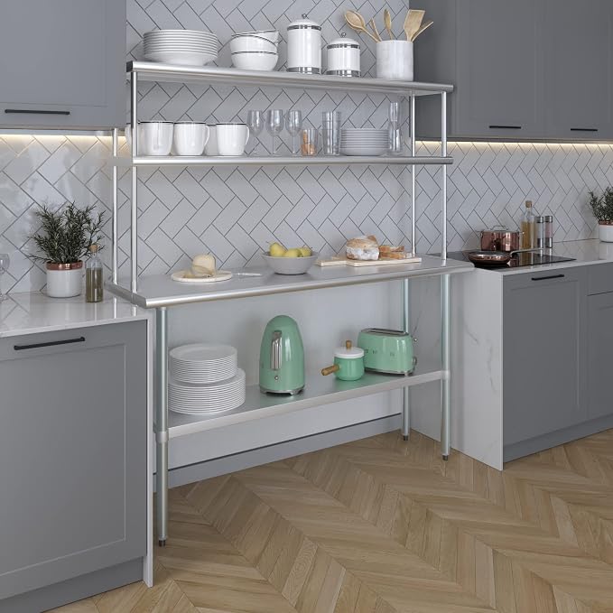 Amgood Stainless Steel Work Table Double Tier Overshelf | Metal Kitchen Prep - Image 5