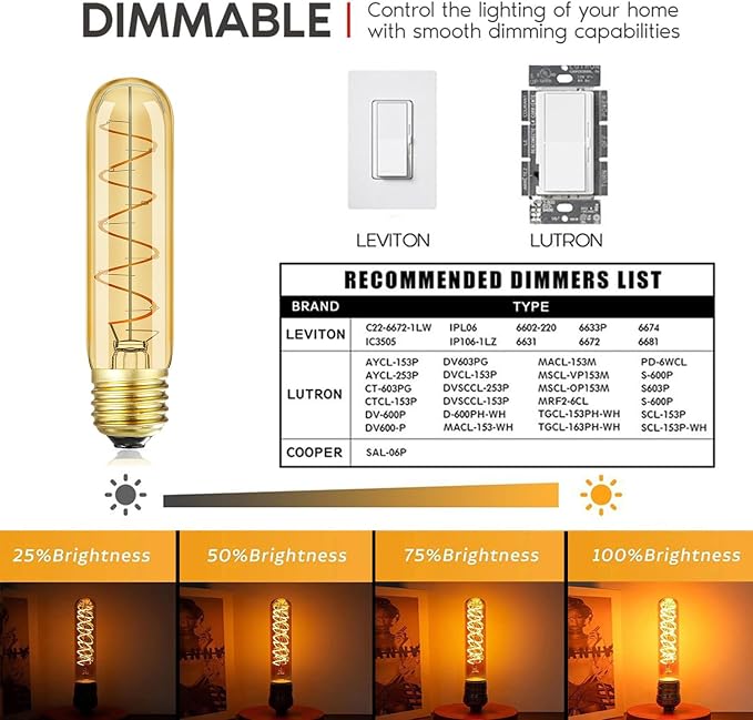 Leools Vintage T10 LED Edison Light Bulb Super Thin Filament, 40 Watt Warm - Image 5