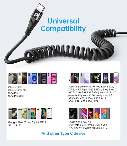 USB C to C Cable for Car 3FT&5FT, 100W Coiled USB C Fast Charging Cable for - Image 7