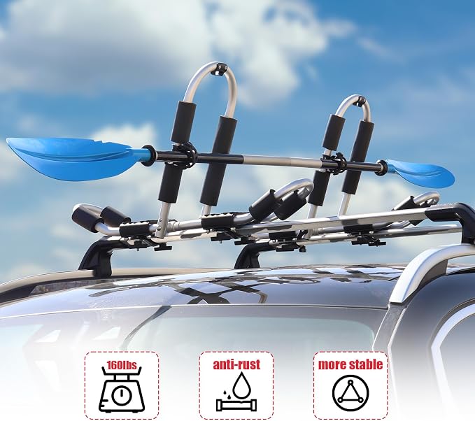 FORWODE Kayak Roof Rack, 2 in 1 Aluminum 2 Pair J-Bar Roof Rack, Folding - Image 5