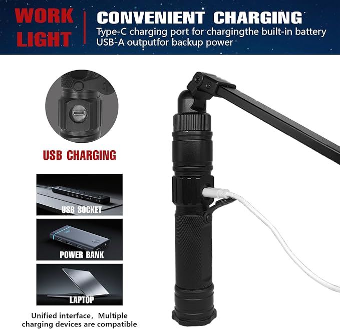 Rechargeable Work Light, 360° Rotate Design, Magnetic LED Work Light Foldable - Image 7