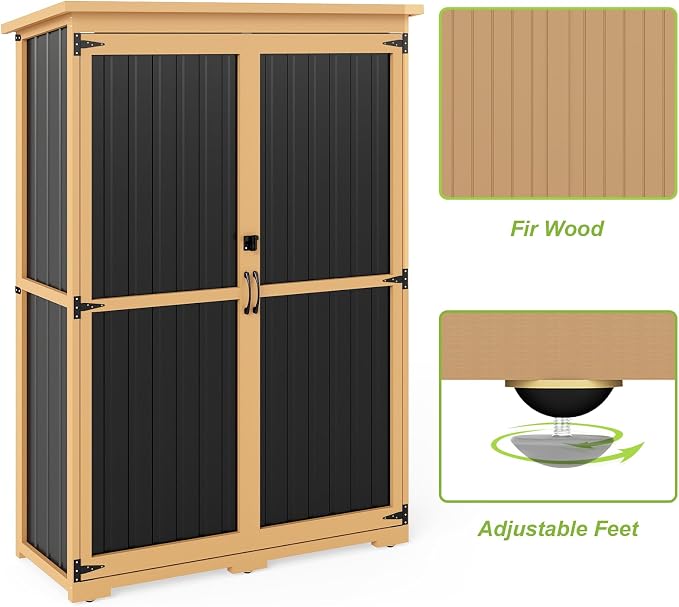 Outdoor Storage Shed with Shelf, Wood & Metal Storage Cabinet with Lockable - Image 6