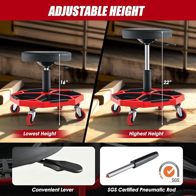 Goplus Garage Stool, 16”-22” Adjustable Rolling Mechanic Stool - Image 4