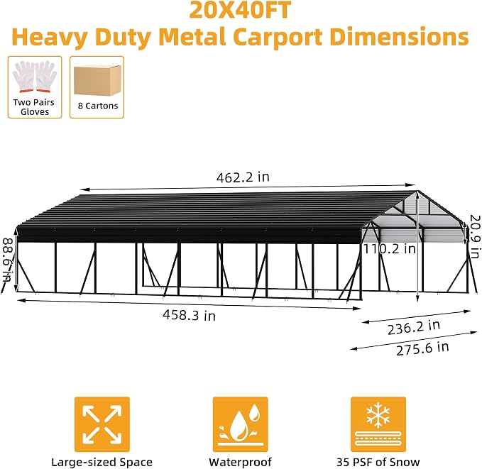 20 x 40 FT Metal Carport with Galvanized Steel Roof, Heavy Duty Metal Roof - Image 2