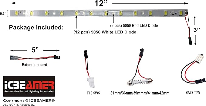 ICBEAMER 12" Red to White 18 SMDs 2835 LED Strip Light Universal Fit Car Trunk - Image 4