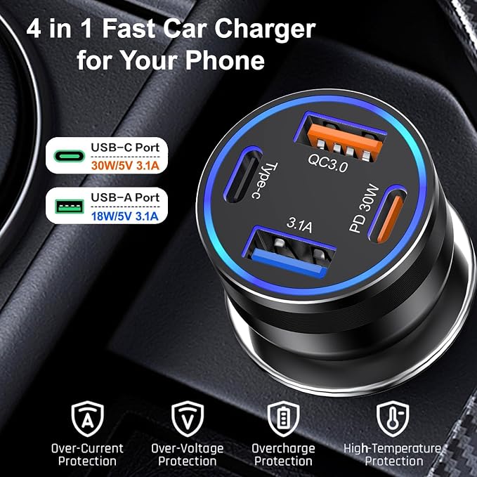 Car Charger USB C, Dual USB-C & USB-A Car Phone Charger Adapter Accessories - Image 6