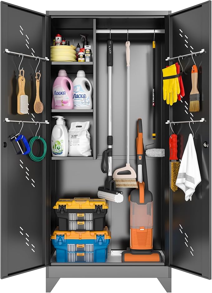 75" Metal Storage Cabinet, Tall Broom Cabinet, Garage Cabinets by METALREAD