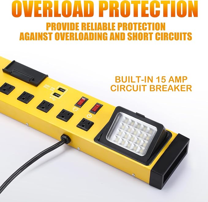 6 Outlets Power Strip with LED Worklight, Metal Heavy Duty Wall Mount Workbench - Image 5