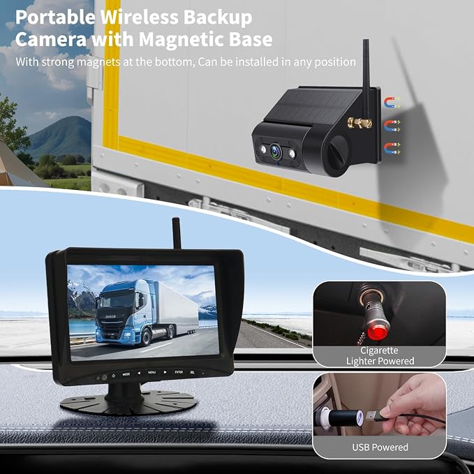 Solar Wireless Backup Camera Magnetic, 7 Inch Portable Installation RV Backup - Image 2