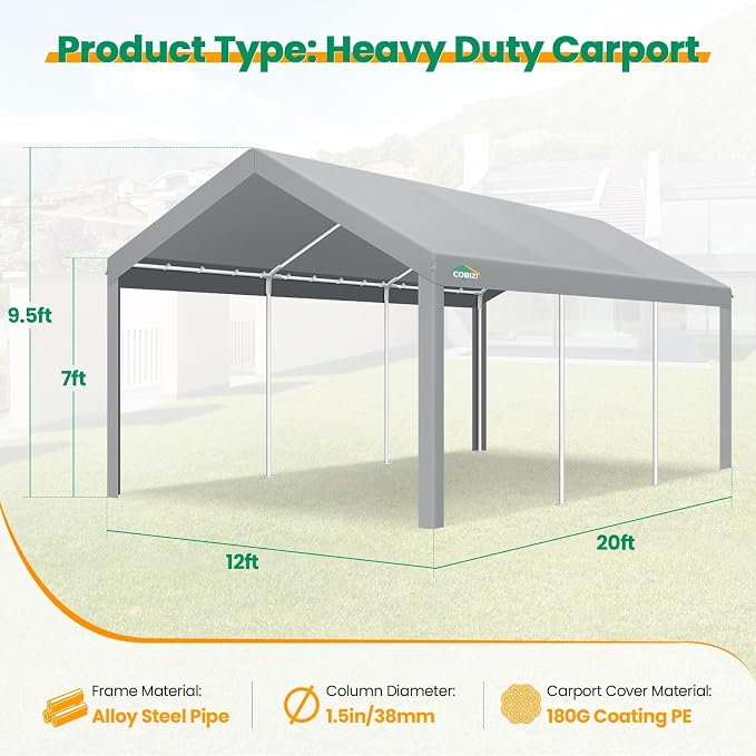 COBIZI Carport Canopy 12x20 Heavy Duty Car Tent Garage, Galvanized Frame Car - Image 5
