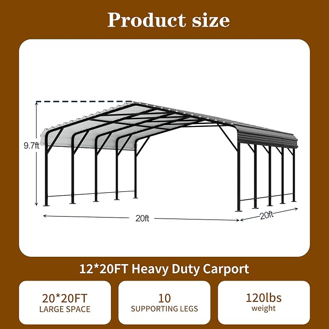 Walsunny Metal Carport 20x20 FT Heavy Duty Carport Canopy - Image 2