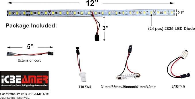ICBEAMER Super White 12" inch 24-SMD-2835 Chips LED Strip Light Universal Fit - Image 4