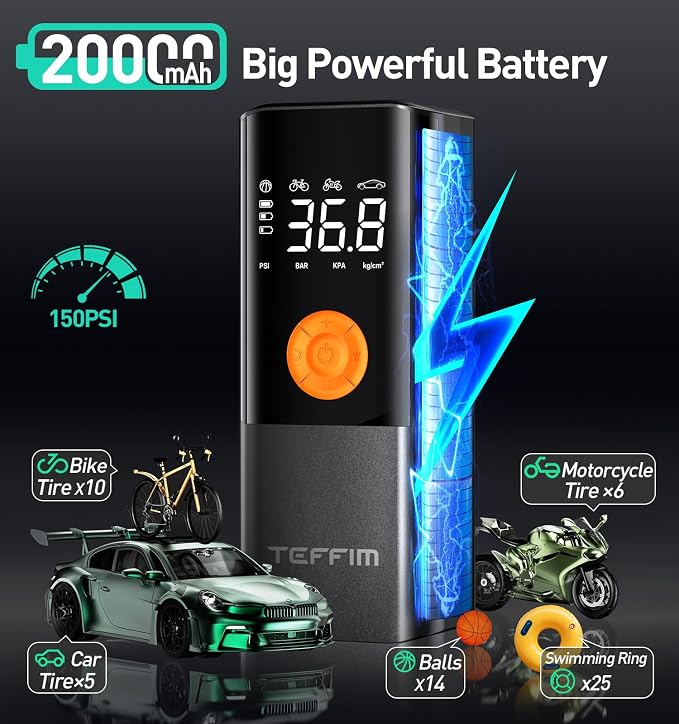 Tire Inflator Portable Air Compressor, 150PSI＆20000mAh Battery Air Pump - Image 3