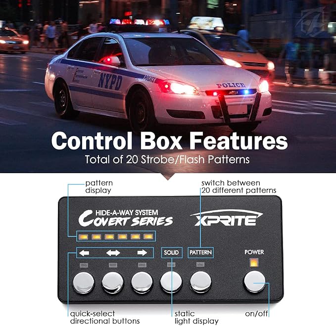 Xprite Red Blue LED Hideaway Strobe Police Lights Kit, 20 Flashing Patterns - Image 4