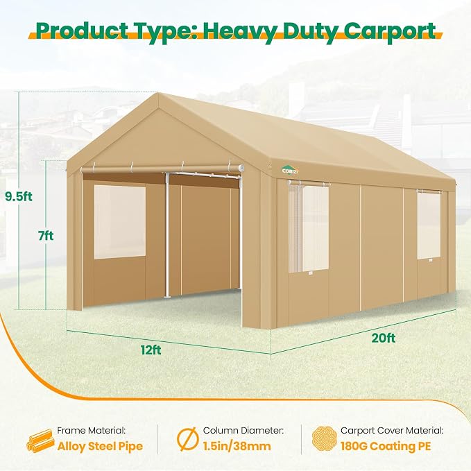 COBIZI Carport Canopy 12x20 Heavy Duty Portable Garage - Image 6