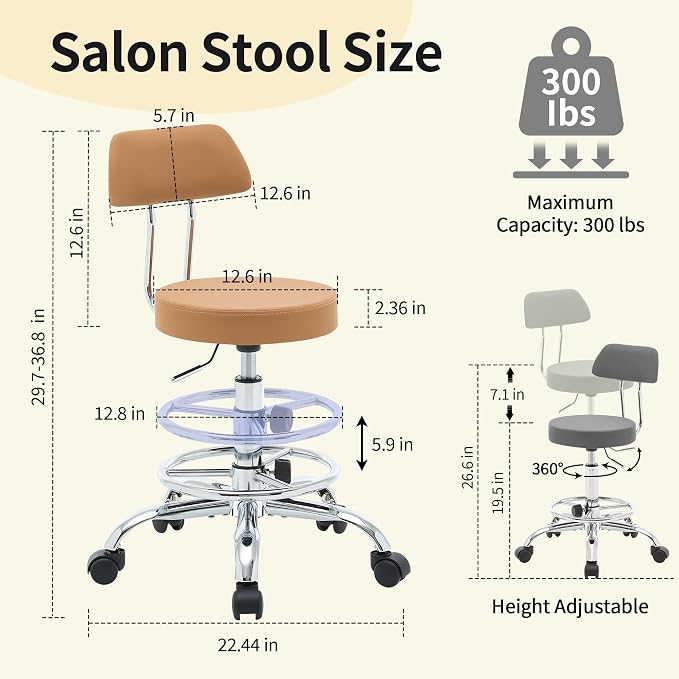 Rolling Stool with Back, Adjustable Tattoo Rolling Chair 19.5’’-26.6’’ - Image 2