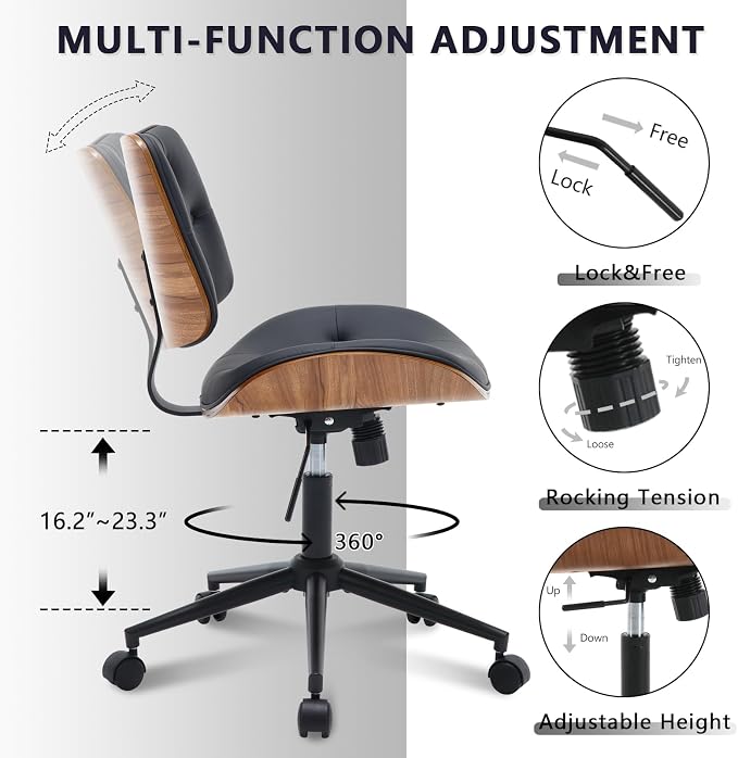 Armless Home Office Chair with Wheels, PU Leather Adjustable Height Computer - Image 6