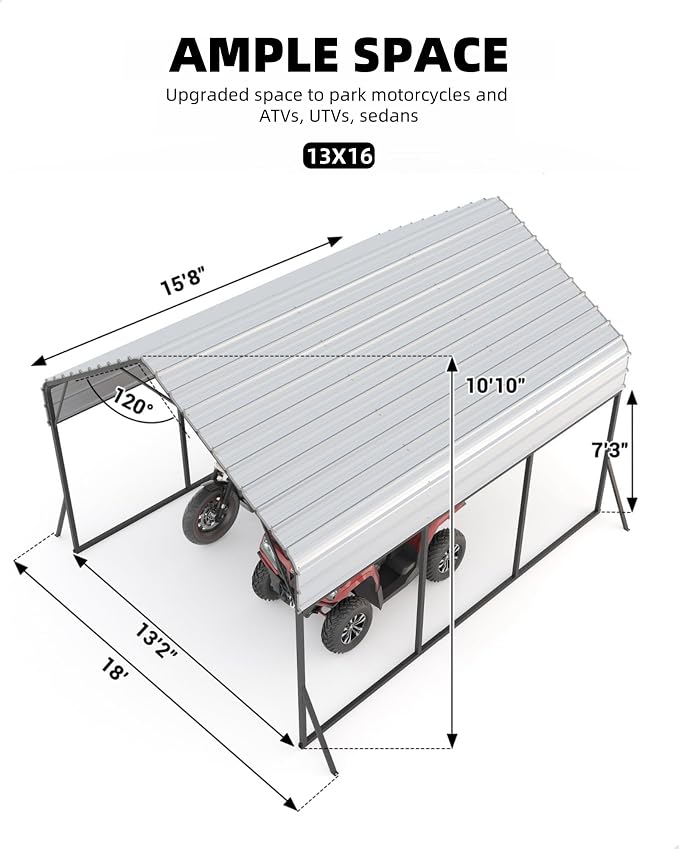 13'x16'x11' Metal Carport, Steel Heavy Duty Car Ports - Image 7