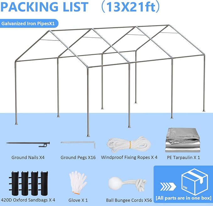 Carport 13x21ft Heavy Duty Large Outdoor Storage Shed - Image 7