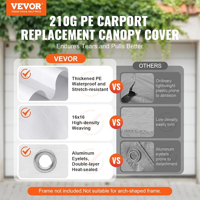 VEVOR Carport Replacement Canopy Cover 10 x 20 ft, Garage Top Tent Shelter Tarp - Image 2