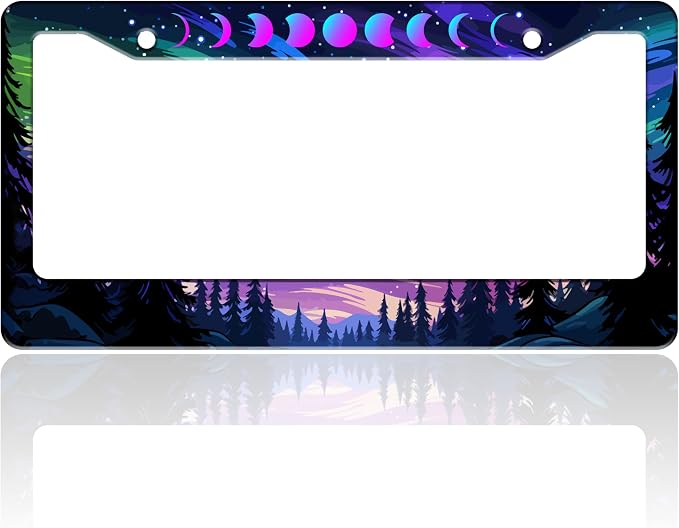 Moon Phases Aurora Forest License Plate Frame Night Sky Stainless Steel License by TINALUIN