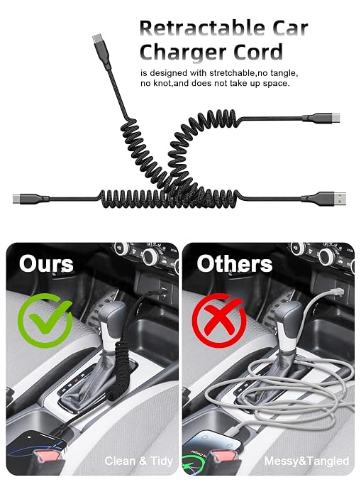 Car Carplay Cable 2Pack 3ft Coiled USB A to USB C Fast Charge Cord - Image 2