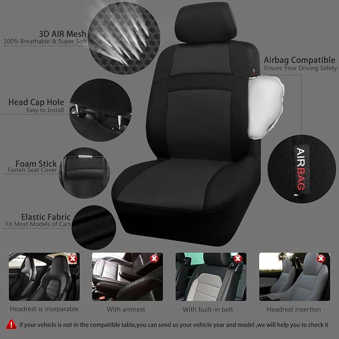 CAR PASS 3D Air Mesh Car Seat Covers Full Sets w/5mm Sponge, Steering Wheel - Image 2