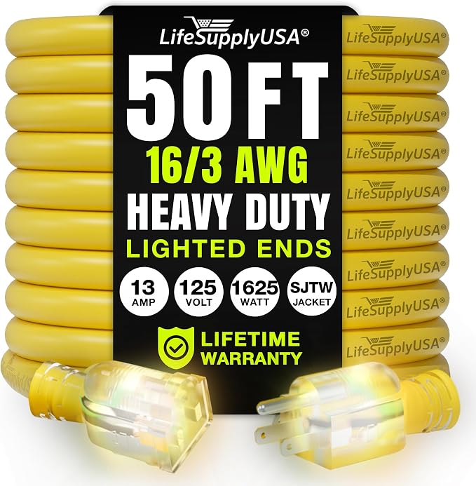 50ft Outdoor/Indoor Extension Cord 16/3 Gauge Heavy Duty 3 Prong SJTW, by LifeSupplyUSA