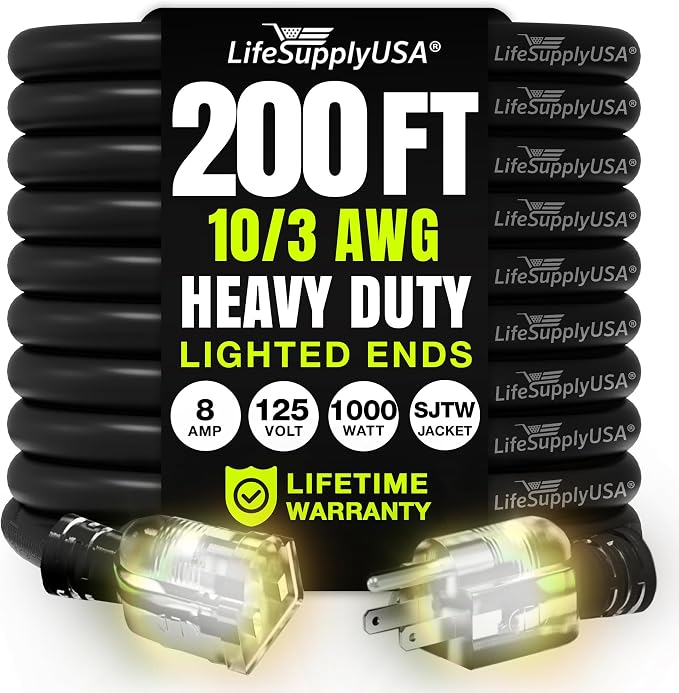200ft Outdoor/Indoor Extension Cord 10/3 Gauge Ultra Heavy Duty 3 Prong SJTW by LifeSupplyUSA
