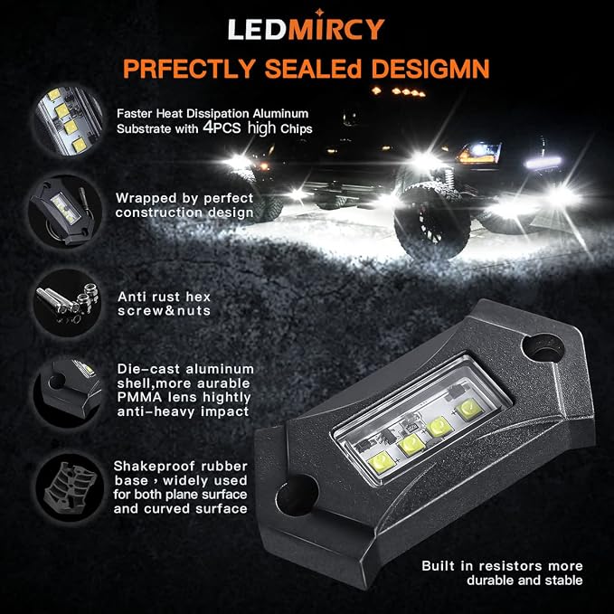 White Rock Lights, LEDMIRCY R3 Pure White LED Rock Lights Kit 16PCS - Image 4