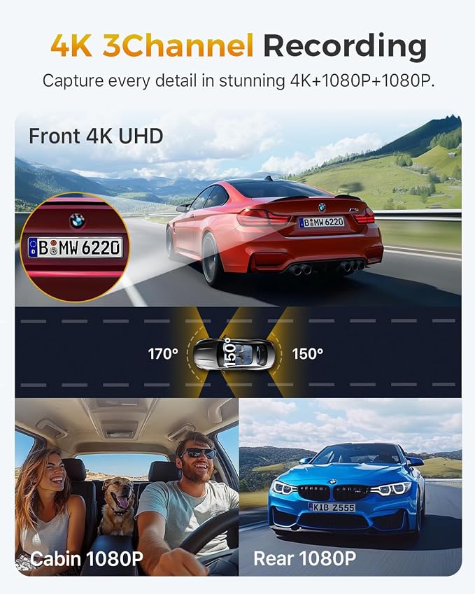 GKU 4K 3 Channel Dash Cam, 5.8GHz WiFi Built-in GPS, 4K+1080P+1080P Dash Cam - Image 2