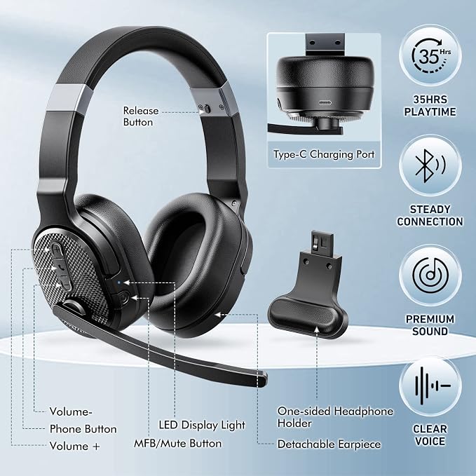 Trucker Bluetooth Headset with Dongle, Wireless Headsets with Noise Cancelling - Image 7