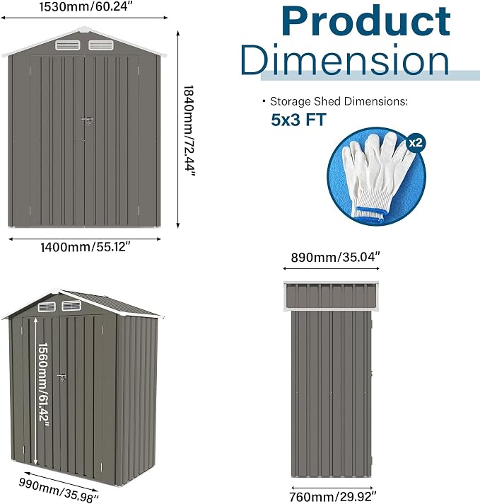 5X3 FT Metal Outdoor Storage Shed, Waterproof Tool House - Image 2