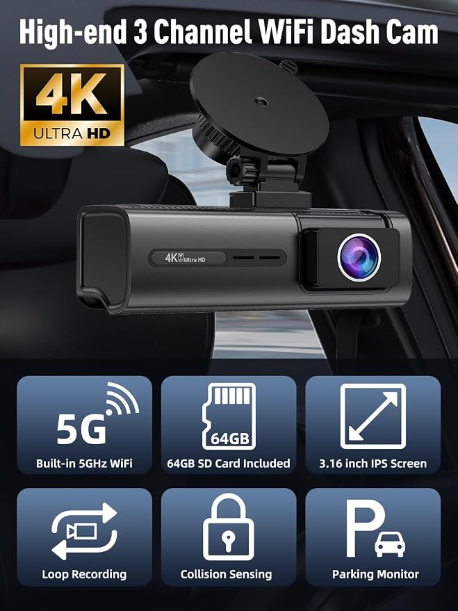 3 Channel 5G WiFi Dash Cam, 4K+1080P+1080P Dash Cam Front and Rear Inside - Image 2