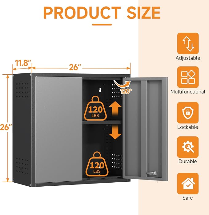 Metal Garage Wall Cabinet with 2 Doors and 1 Adjustable Shelf, Lockable - Image 2