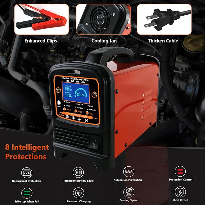 12V 24 Volt Car Battery Charger Heavy Duty, 0-15A Smart Automatic Battery - Image 5