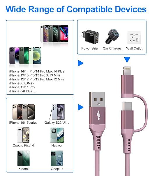 USB to USB C and Lightning Pink Car Charger Cable - Image 6