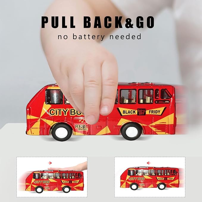 KIDAMI Die Cast Metal Toy Cars Buses Set, 1:64 Scale Double Decker City Bus - Image 4