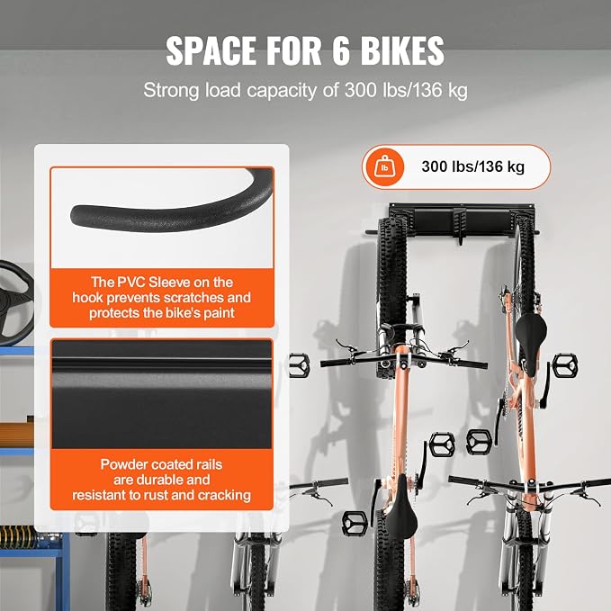 VEVOR Bike Storage Rack, 6 Bike Racks and 5 Helmets Hooks, Wall Mount Bike - Image 3