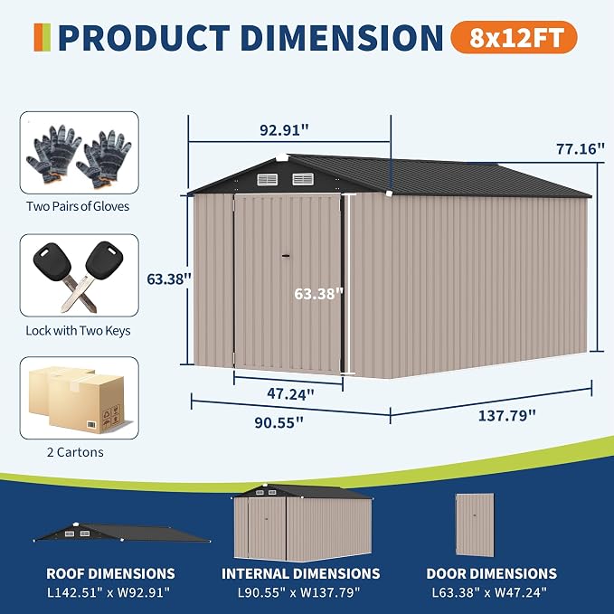 8x12x6.4 FT Outdoor Storage Sheds, Metal Garden Tool Shed - Image 2