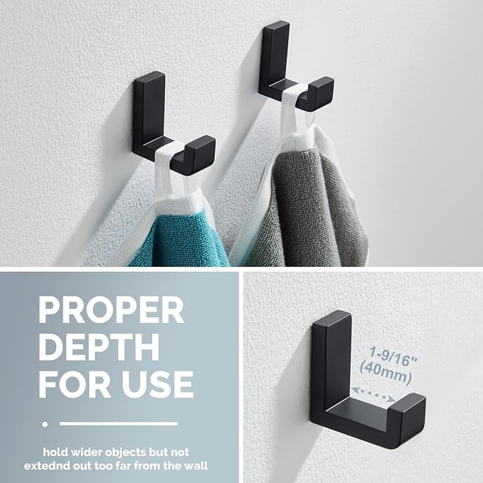 Angle Simple Towel Hook Matte Black 2 Pack, 304 Stainless Steel Bathroom Coat - Image 3