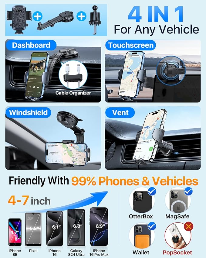 HTU Upgraded Strongest Suction Car Phone Holder Bendable Arm, Never Block View - Image 6