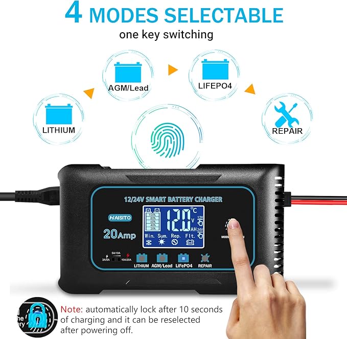Haisito: 20A 12V/24V Smart Battery Charger –Automatic Maintainer, Trickle - Image 2
