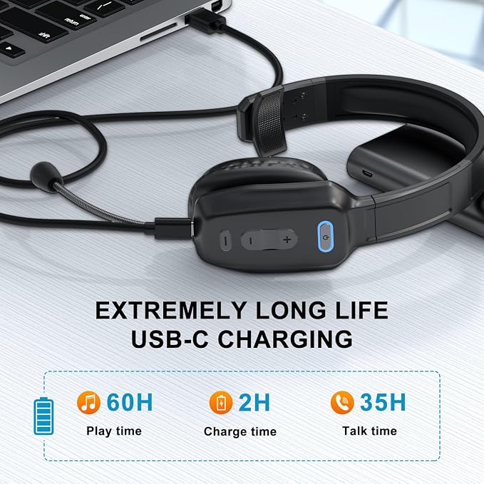 Bluetooth Headset, 60hrs Noise Canceling V5.2 Over Head Headphones, Single Ear - Image 3