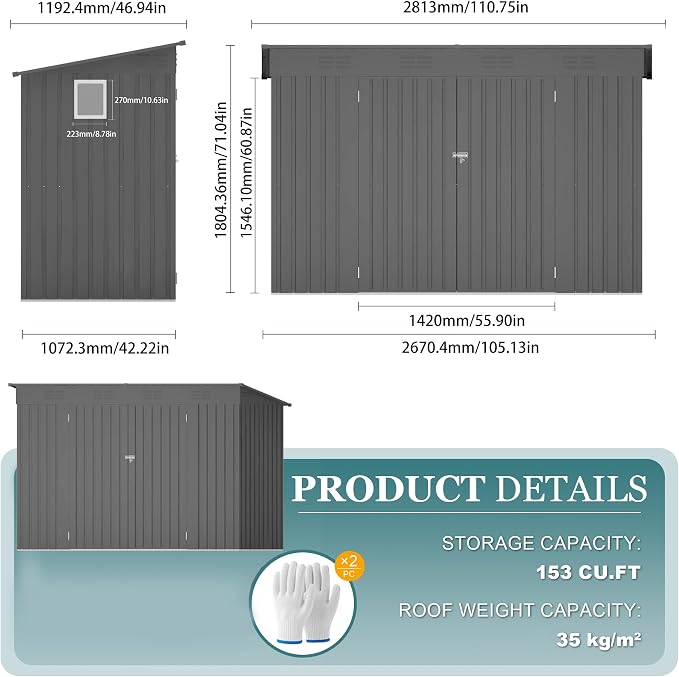 4 * 9.2 * 6 FT Outdoor Storage Shed, Galvanized Steel Garden Shed - Image 6