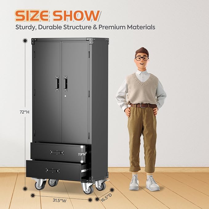 Rolling Storage Cabinet with 2 Doors and 2 Drawers, Heavy Duty Metal Storage - Image 3