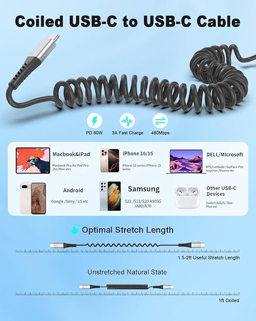 Coiled USB C to USB C Cable, 2 Pack Retractable USB Type C Charging Cable 60W - Image 7